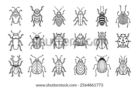 Garden bugs hand drawn outline doodle icon set. Garden bugs drawing elements simple line beetle clipart. Vector illustration