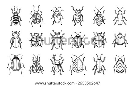 Garden bugs hand drawn outline doodle icon set. Garden bugs drawing elements simple line beetle clipart. Vector illustration