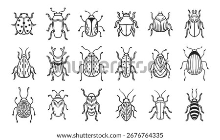 Garden bugs hand drawn outline doodle icon set. Garden bugs drawing elements simple line beetle clipart. Vector illustration