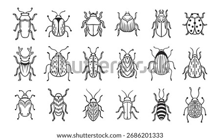 Garden bugs hand drawn outline doodle icon set. Garden bugs drawing elements simple line beetle clipart. Vector illustration
