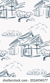 garden building japanese chinese design sketch ink paint style seamless