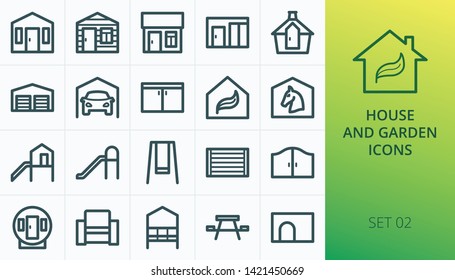 Garden buildings icons set. Set of log cabin, summerhouse, garden room, garden office, arbour, rattan furniture, playhouse, fence panel, storage shed, greenhouse isolated vector icons