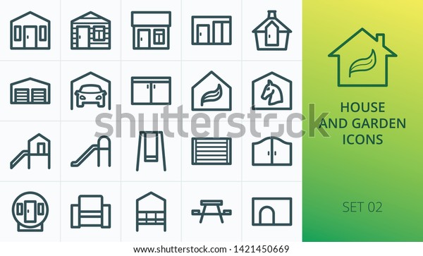 Garden Buildings Icons Set Set Log Buildings Landmarks Signs