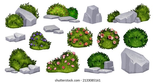 Garden Bush Set, Gray Stones, Nature Landscape Design Elements, Vector Green Spring Shrub Hedge. Blooming Pink Rose Flower, Granite Rock Boulder, Summer Vegetation. Garden Bush Clipart Collection