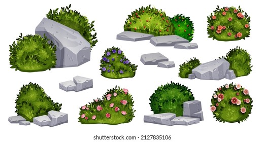 Garden Bush Set, Vector Green Spring Shrub Hedge, Gray Stones, Nature Landscape Design Elements. Blooming Pink Rose Flower, Summer Vegetation, Granite Rock Boulder. Garden Bush Clipart Collection