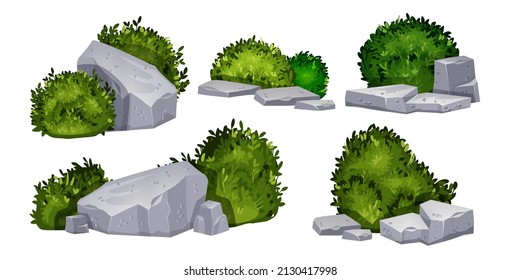 Garden Bush Vector Set, Green Shrub Plant Collection, Gray Boulder, Nature Landscape Clipart On White. Cracked Stone Kit, Park Rock Spring Vegetation, Floral Outdoor Illustration. Garden Bush Crown