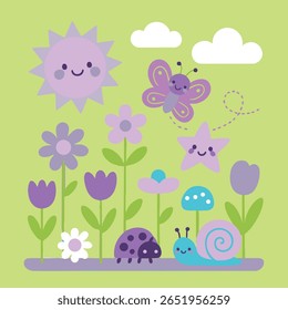 In a garden, a butterfly, ladybug, snail, star, and sun shine