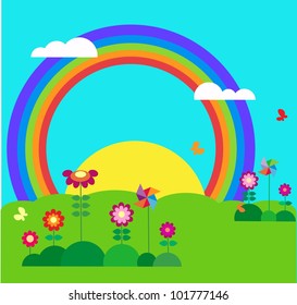 garden with butterfly, rainbow and flowers