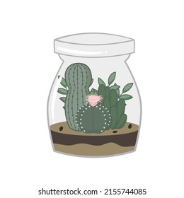 Cactus terrarium Illustration. Das Terrarium hat geometrische Formen, die ihm einen klassischen Look verleihen.