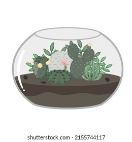 Garden of cactus and succulent plants inside a terrarium.A small garden decorated in style and classic with geometric shapes.Single vector illustration isolated on white background.