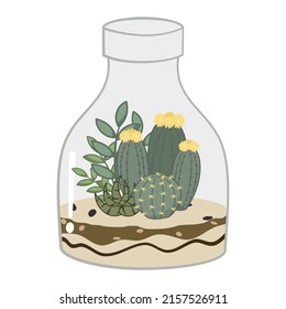 Cactus terrarium Illustration. Das Terrarium hat geometrische Formen, die ihm einen klassischen Look verleihen.