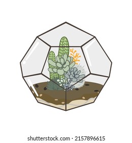 Garten mit Kakteen und Sukkulenten Pflanzen innerhalb eines Terrariums. Ein kleiner Garten, der im Stil und klassisch mit geometrischen Formen dekoriert ist.einzelne Vektorgrafik einzeln auf weißem Hintergrund.