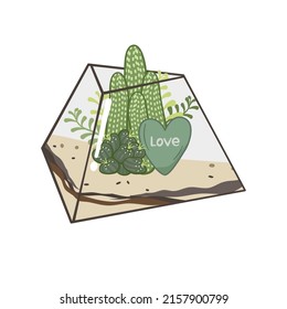 Garten mit Kakteen und Sukkulenten Pflanzen innerhalb eines Terrariums. Ein kleiner Garten, der im Stil und klassisch mit geometrischen Formen dekoriert ist. EinzelVektorgrafik einzeln auf weißem Hintergrund.