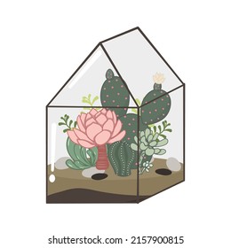 Garten mit Kakteen und Sukkulenten Pflanzen innerhalb eines Terrariums. Ein kleiner Garten, der im Stil und klassisch mit geometrischen Formen dekoriert ist. EinzelVektorgrafik einzeln auf weißem Hintergrund.