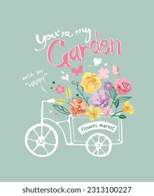 eslogan de caligrafía de jardín con ilustración de vector del carro de flores pintado a mano