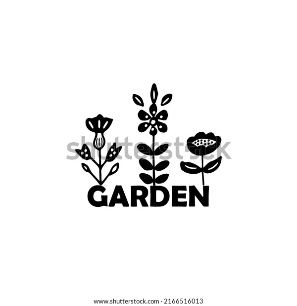 Garden\
card, print or poster with Folk art style  elements. Flowers\
silhouettes. Emblem or symbol for garden logotype. Hand drawn\
vector design. Traditional decoration\
ornament.
