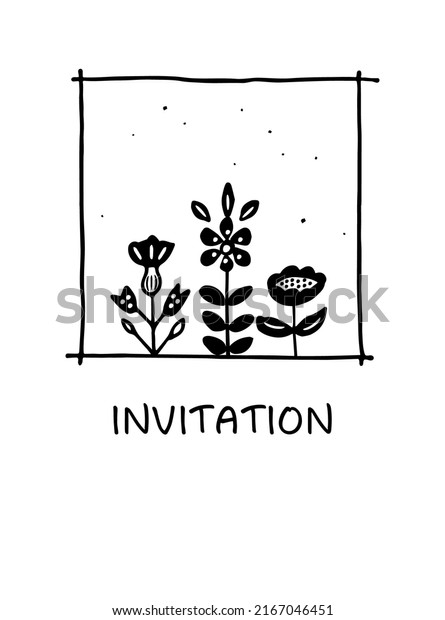 Garden card, print or poster with Folk art style \
elements in the frame. Invitation card. Flowers silhouettes. Emblem\
or symbol for garden logotype. Hand drawn vector design.\
Traditional decoration 