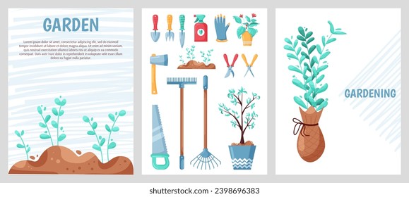 Tarjetas de jardín. Equipamiento de jardinería. Cultivando plantas agrícolas. Calzado y rastrillo. Semillas en maceta de flores. Plantando brotes. Espade y horquilla. Cultivo de semillas. Herramientas de jardinería. Conjunto de banderas de la granja de vectores