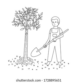 Garden care. Image of a boy caring for a tree. Outline drawing on a white background. Design element. vector illustration.