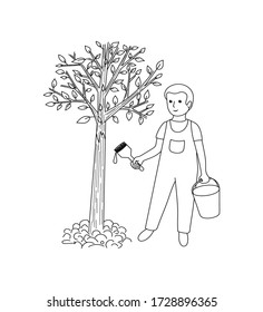 
Garden care. Image of a boy caring for a tree. Outline drawing on a white background. Design element. vector illustration.