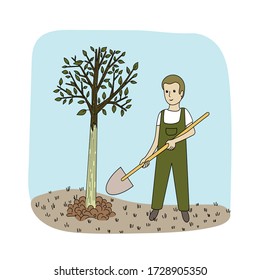 
Garden care. Image of a boy caring for a tree. Multi-colored drawing on a white background. Design element. vector illustration.