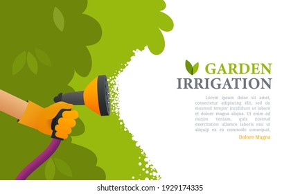 Garden Care Irrigation Vector Illustration. Watering Plants Banner. Cartoon Character Takes Care Of The Plants 