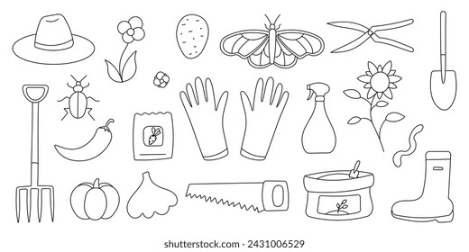 garden care kit. Hand drawn vector illustration depicting a series of tools Shovel Pitchfork rake scissors, saw. line, doodle, coloring eco potatoes peppers pumpkin garlic sunflowers.