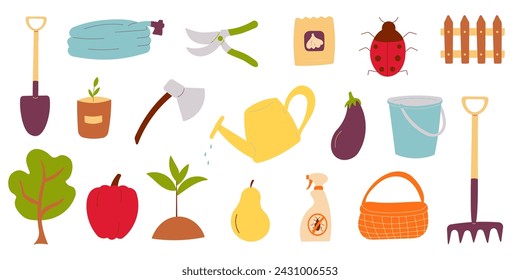 garden care kit. Hand drawn vector illustration depicting a series of tools Shovel Pitchfork rake scissors, ax. Self-grown vegetables and fruits, eco, pepper, pear, eggplant, garlic.