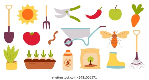 garden care kit. Hand drawn vector illustration depicting a series of tools Shovel Fork Rake Scissors. Vegetables and fruits grown independently, eco pepper apple carrot tomato.