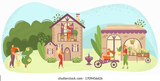 Garden care people gardening, growing plants and flowers near houses, gardeners flat vector illustration. People caring, planting, selling spring flowers and houseplants greenery in pots.