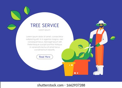 Garden Care And Tree Trimming Service Concept. Gardener Pruning Two Shrubs With Garden Scissors On A Circle Background. Professional Garden Maintenance Icon With Text Space. Flat Vector Illustration.