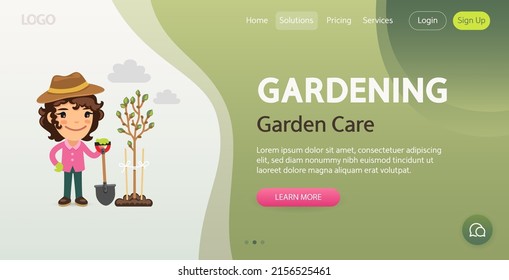Garden Care website template. Illustration of a cartoon female gardener plants a tree. Composition with a female professional. Flat character.