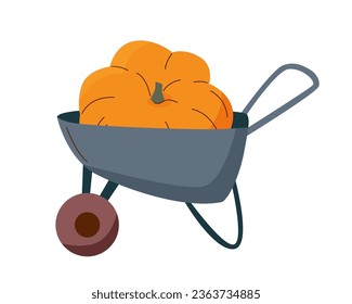 Un carrito de jardín con una gran calabaza dentro.