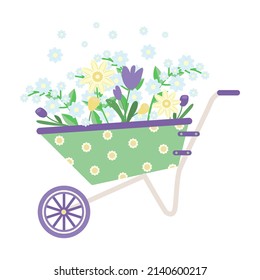 Garden cart with a bouquet of plants, village, grass, plant bushes, purple tulips, blue and yellow flowers. Vector illustration in simple flat cartoon style. Green, lilac color isolate on white