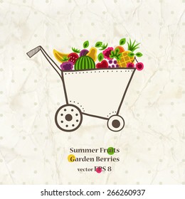 Garden cart with bright summer fruits and berries. Vector illustration.
