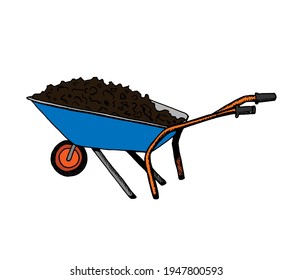 A garden cart with earth, a colored construction wheelbarrow-an icon in the style of doodles. Vector illustration of a cart sketch for web, mobile, and infographics, isolated on a white background.