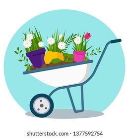 Garden cart with flower pots. Scene, landscape in the village or in the country. Garden and garden tools. Flat vector illustration.