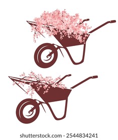 garden cart full of blooming sakura tree branches  - wheel barrow gardening tool and spring season flowers vector design set