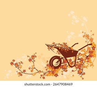 garden cart full of tree branches with bright foliage  - wheelbarrow gardening tool autumn season vector copy space poster design