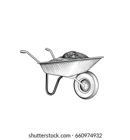 Garden cart with humus isolated retro etching. Wheelbarrow engraving. Gardening sign.