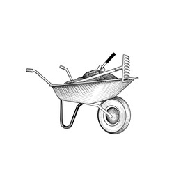 Garden Cart With Humus And Garden Tools. Wheelbarrow Engraving. Gardening Care Sign.