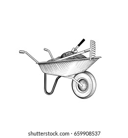 Garden cart with humus and garden tools. Wheelbarrow engraving. Gardening care sign.