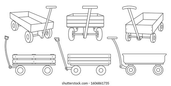 Garden cart line vector illustration on white background. Farm wheelbarrow line set icon.Vector illustration set icon equipment of garden cart.