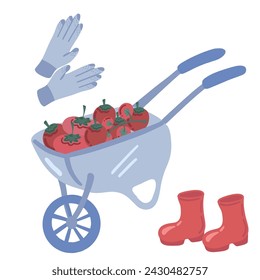 Garden cart wellies and gloves tomato fat design on white background