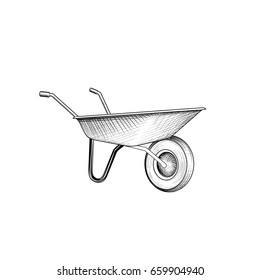 Garden cart. Wheelbarrow engraving. Gardening or construction sign