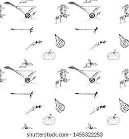 Garden carts, rakes, pumpkins. Seamless pattern. Vector illustration.