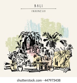 A garden at a Catholic church in Bali, Indonesia, Asia. Hand drawing. Travel sketch. Book illustration, postcard or poster template in vector