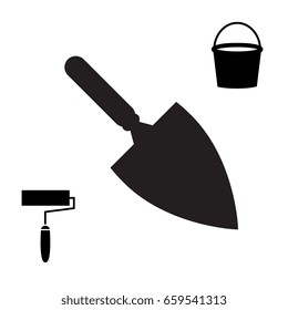 Garden or Cement Trowel Vector Icon. Bucket and Paint Roller Icons Isolated on White Background