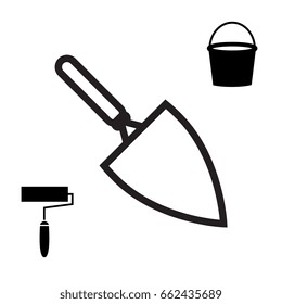 Garden or Cement Trowel Vector Icon. Bucket and Paint Roller Icons Isolated on White Background