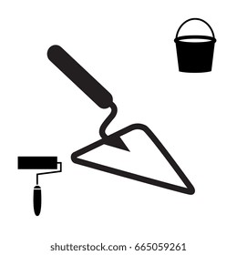 Garden or Cement Trowel Vector Icon. Bucket and Paint Roller Icons Isolated on White Background